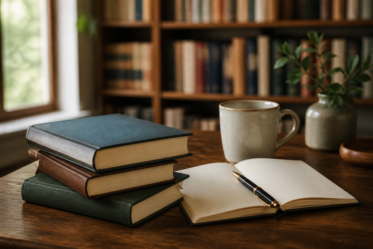 Stack of books, notebook and pen on a writer's desk